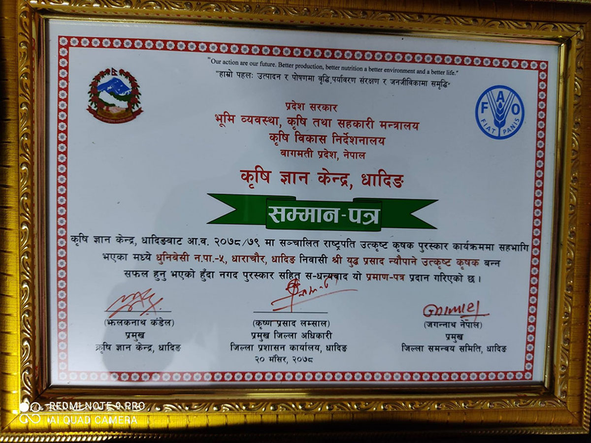 राष्ट्रपति उत्कृष्ट कृषक पुरस्कारबाट धादिङका तीन कृषक पुरस्कृत