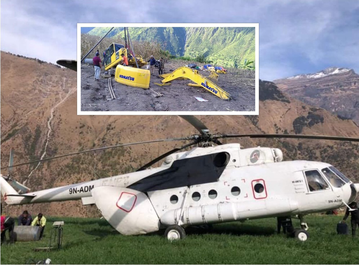 हेलिकोप्टरबाट डोजर ढुवानी गरी सिस्ने हिमालको काखमा सडकको ट्रयाक