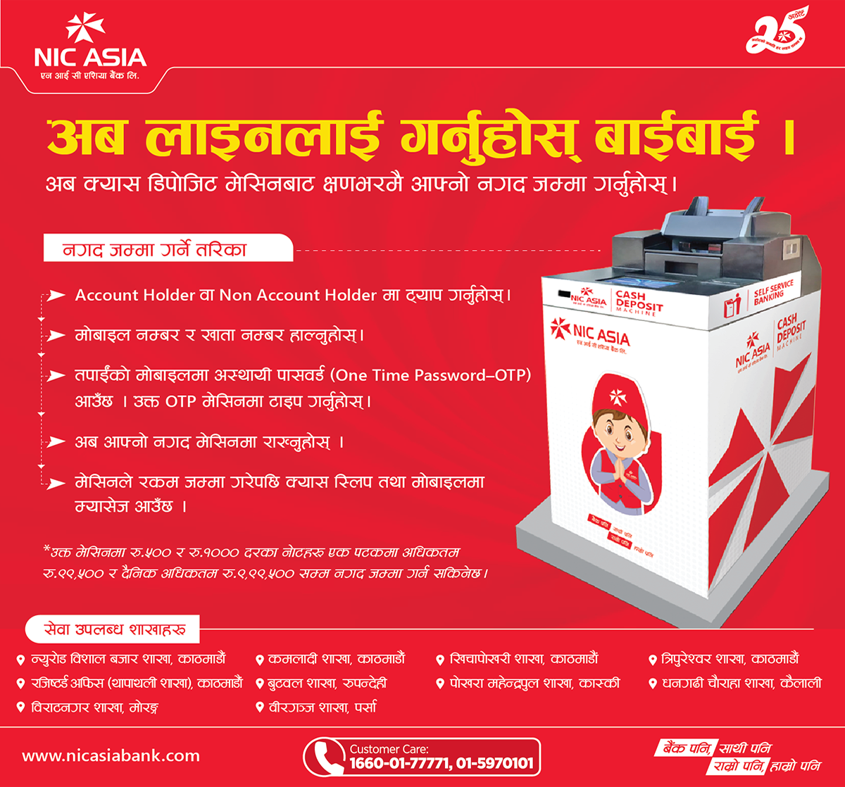 एन आई सी एशिया बैंकले सञ्चालनमा ल्यायो १० वटा क्यास डिपोजिट मेसिन, अब खातामा सहजै रकम जम्मा गर्न सकिने