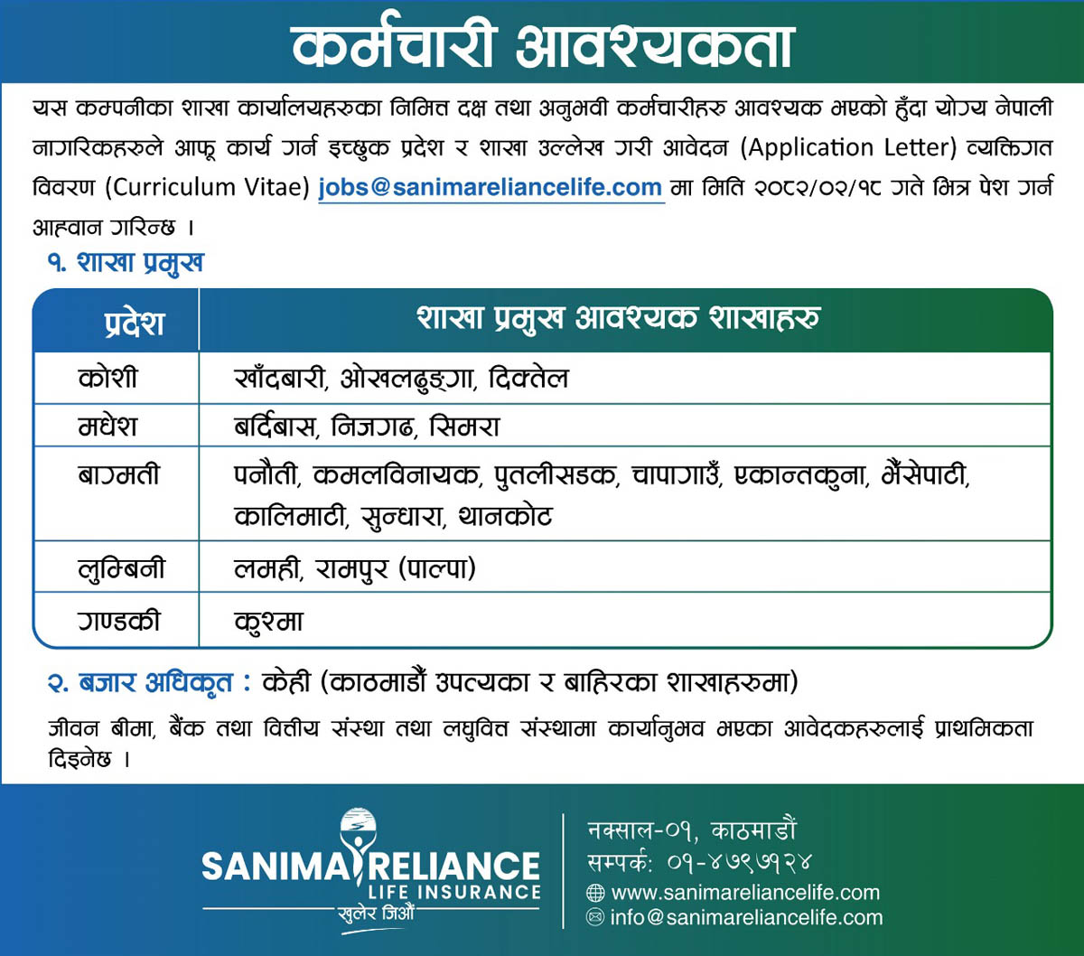 सानिमा रिलायन्स लाइफ इन्स्योरेन्समा रोजगारीको अफर, १८ शाखा प्रमुख र बजार अधिकृतको माग