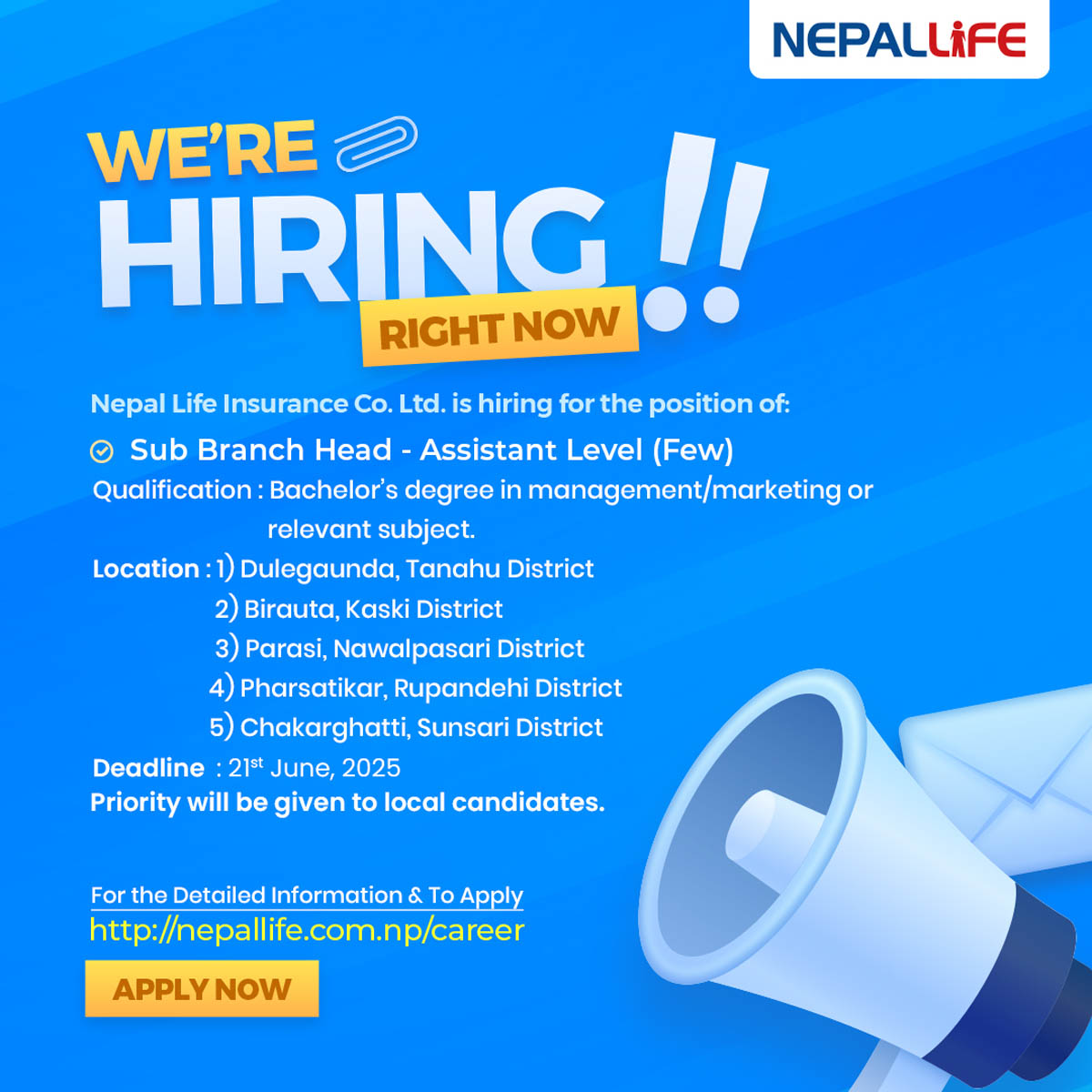 नेपाल लाइफ इन्स्योरेन्समा रोजगारीको अवसर, सब ब्राञ्च हेड पदका लागि कर्मचारी माग्यो