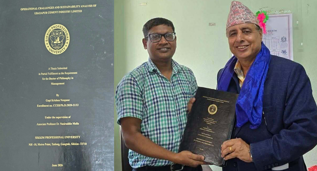 ‘उदयपुर सिमेन्ट उद्योग लिमिटेडको सञ्चालन र दिगोपना’ बारेमा उद्योगका पूर्वमहाप्रबन्धक गोपीकृष्ण न्यौपानेलाई विद्यावारिधि